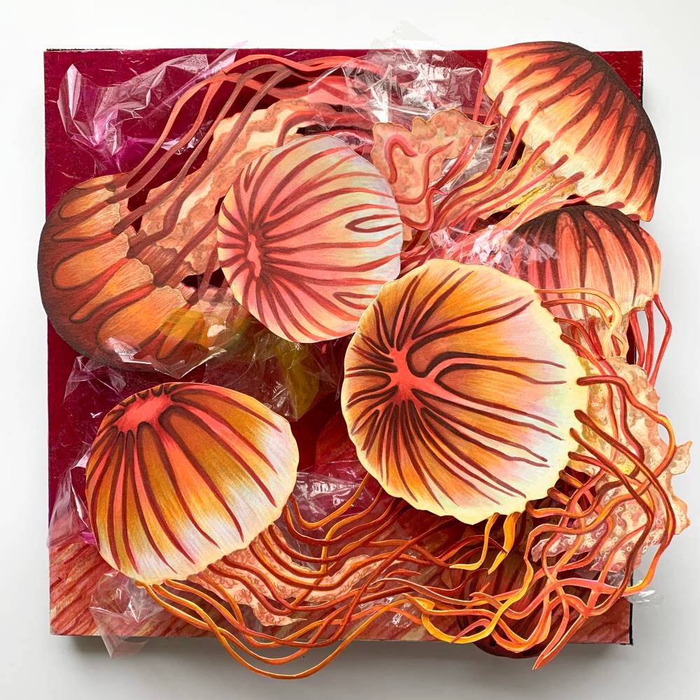 Mixed media artwork featuring jellyfish